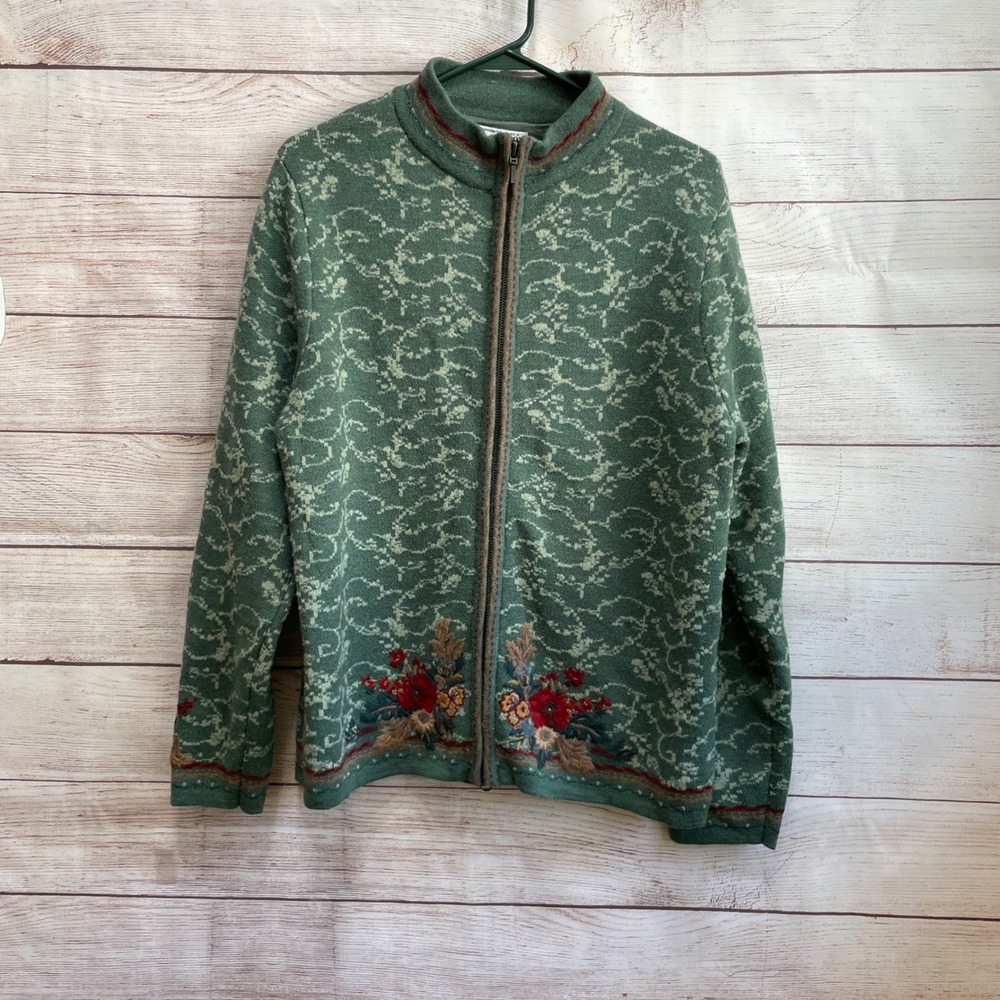 VINTAGE PENDLETON EMBROIDERED WOOL‎ ZIP FRONT SWEATER IN GREEN